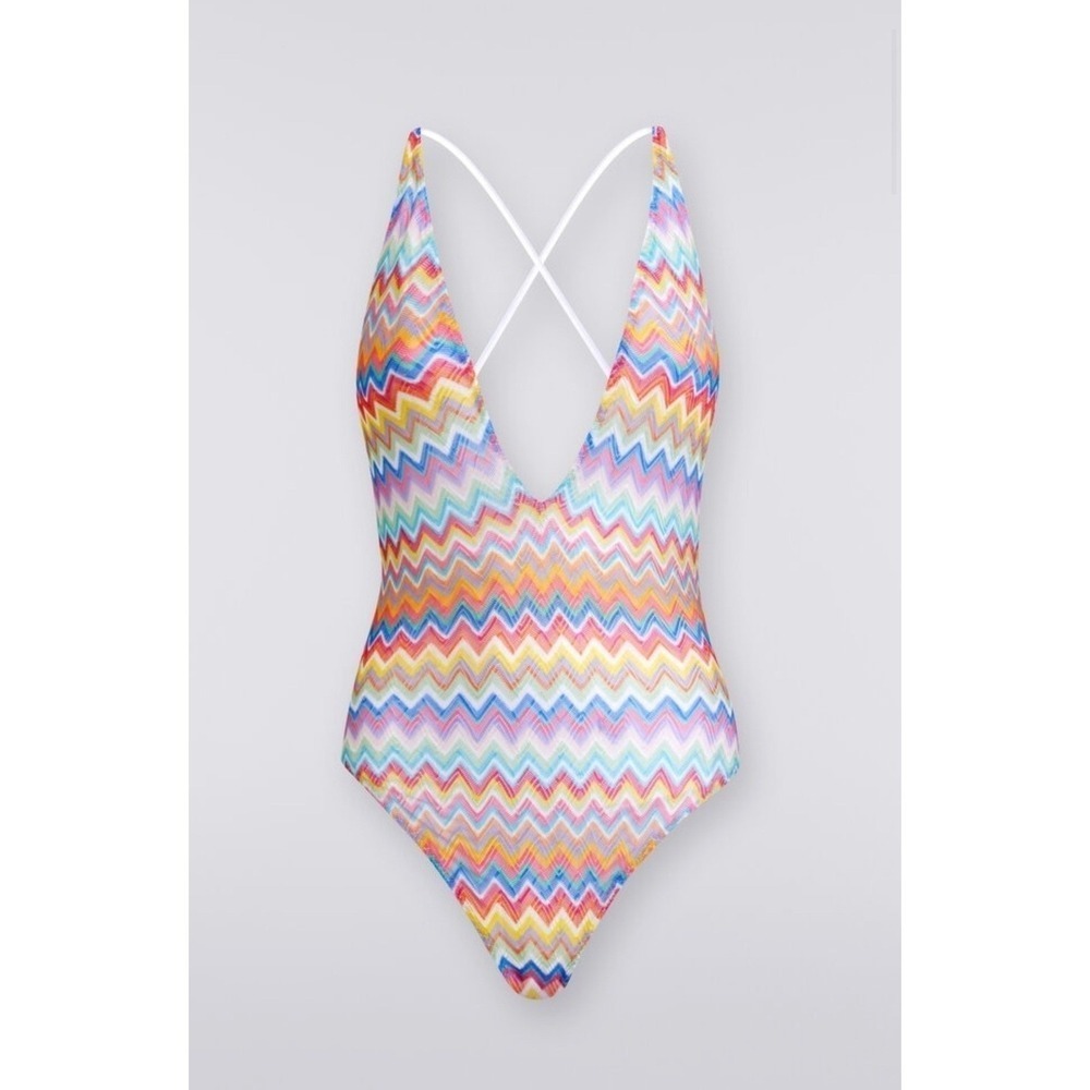 Missoni Mare Women Multicolor Zigzag Knit Deep V-Neck One-Piece Swimsuit NEW - Picture 5 of 6